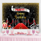 Lasst uns Kamera Party Rot Teppich Gold Funkeln Geburtstag Hintergrund